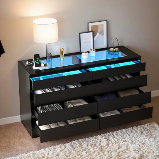 [Modern Dresser] Modern 8 Drawer White Dresser - Double Wide Drawers Organizer Cabinet with Glass Top & Power Outlet And LED Light