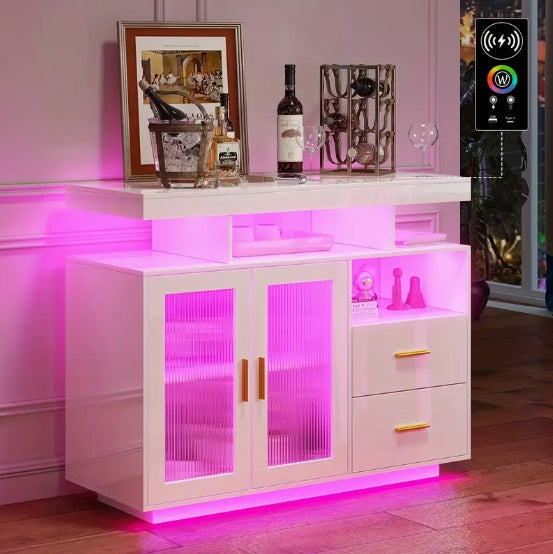 LED Sideboard Buffet Cabinet With Motion Sensor Lights, High Gloss Coffee Bar Cabinet With Charging Station, Kitchen Storage Cabinet For Bar
