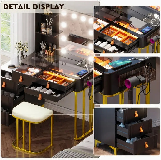 [Wireless Charging Vanity] Wireless Charging Gurexl Vanity Desk with Lighted Mirror, 3 Lighting Modes, 6 Drawers & Stool, Glass Top Makeup Vanity Table Set