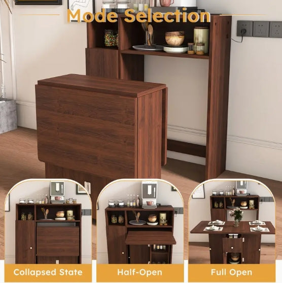 Modern Brown Folding Dining Table with Storage Sideboard & Charging Station – Wall-Mounted, Space-Saving Design with Wheels for Compact Kitchens