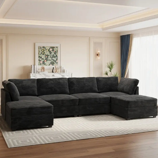 Oversized 130-Inch Plush Velvet Sectional Sofa With 2 Ottomans, Luxurious L-Shaped Couch For Living Room, Soft Long-Pile Fabric Upholstery, Spacious Seating For Family And Friends