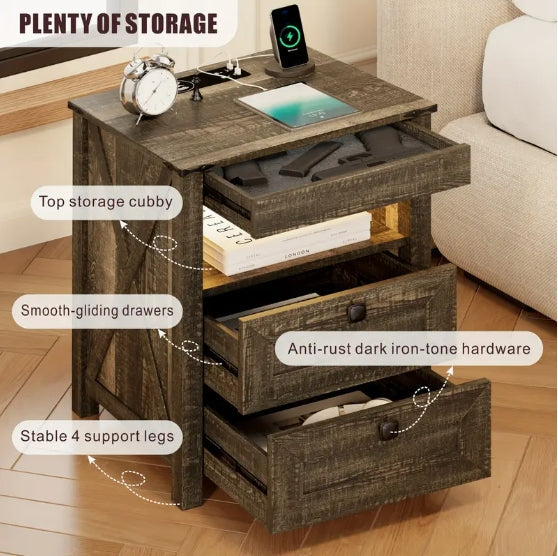 [Farmhouse LED Nightstand] 2-Drawer Farmhouse LED Nightstand - With Gun Drawer, Invisible Lock, Charging Station, Modern End Table for Bedroom Living Room Office - White/Dark Oak