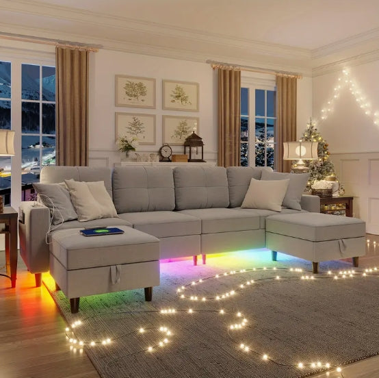 [Modular Sectional Sofa] 6 Seats Modular Sectional Sofa With Charging Station, LED Lights, U/L Shaped Couch, Storage Ottoman, Music Sync