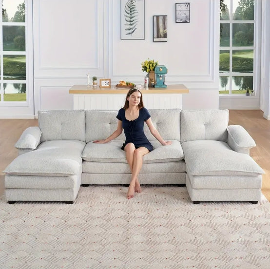 115 Inch Sectional Couch, Modular Sectional Sofa- Double Layer Seat Cushions, U Shaped Couch- Comfy Couches For Living Room, Beige Chenille