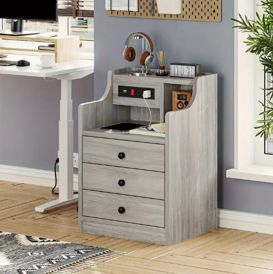 [Grey Nightstand with Charging] 2 USB Ports & 2 Outlets Grey Nightstand with Charging Station, Hutch and 3 Drawers - Bedroom End Table