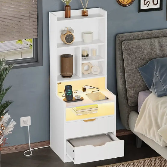 [Tall Nightstand with Charging Station] 1pcs White Tall Nightstand - Charging Station and LED Lights, 2 Drawers, Bookshelf, Bedside Table with Shelves