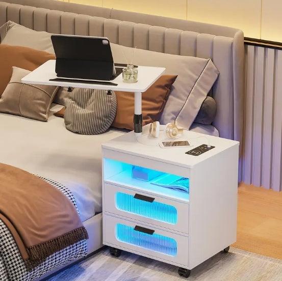 Nightstand With Wireless Charging Station, LED Nightstand Has Adjustable Rotary Workstation, Smart Night Stand With 2 Drawers