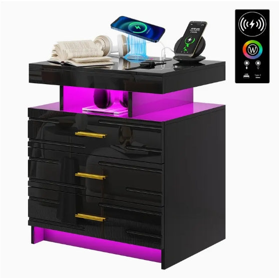 [Wireless Charging Nightstand] Modern 24 Color LED Nightstand - Auto Wireless Charging Station & USB Ports - 3 Drawers High-Gloss Bedside Table