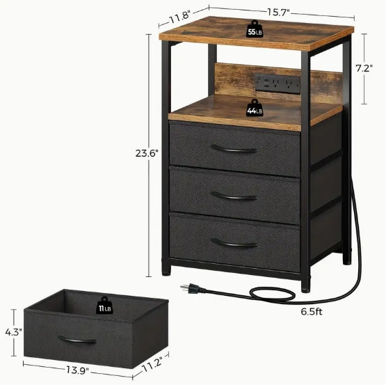 [Charging Nightstand] 2/3 Fabric Drawers Nightstand with Charging Station And LED Light, Side Table with USB Ports And Outlets, Valentines Bedside End Table