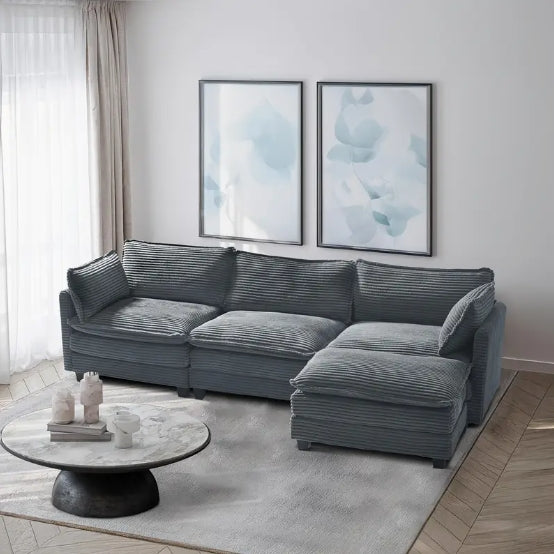 Oversized Modular Sectional Sofa Set - Cozy 3-Seater White Corduroy with Movable Ottoman, 2 Armrest Pillows, L-Shaped Design for Living Room or Bedroom - Easy DIY Assembly, Sectional Sofa for Living Room