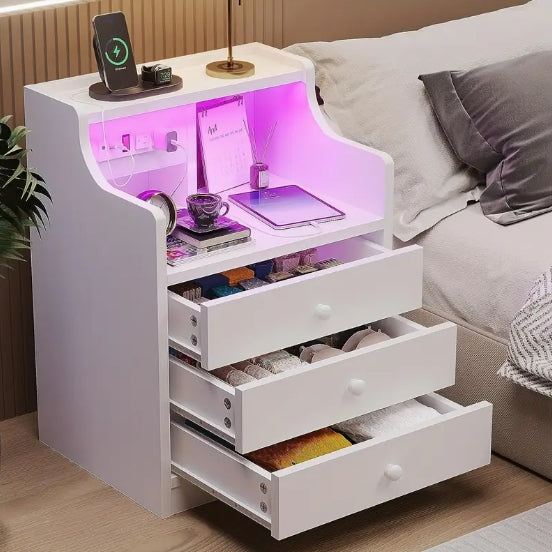 White Nightstand with Charging Station and LED Lights, Night Stand with Hutch, Bedside Table with Drawers, Modern End Side Table for Bedroom