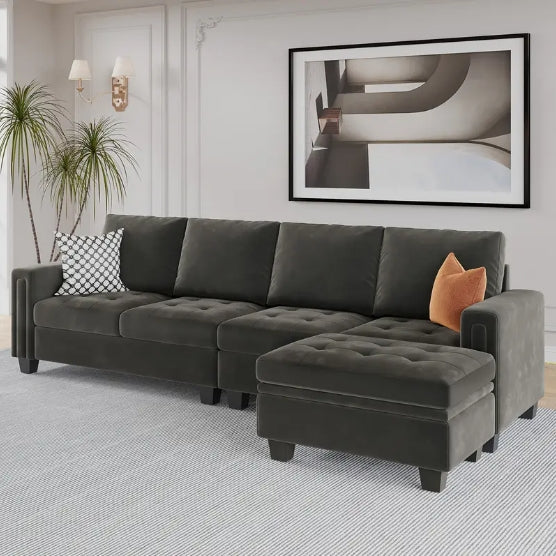 4-Seat Velvet Reversible L Shaped Sectional Sofa Couch - With Convertible Storage Ottoman