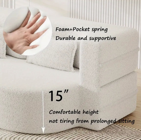 Modern Floor Sofa with 2 Pillows, Convertible Teddy Fabric Foam-Filled Sleeper Sofa Bed, 15" Full Size Folding Mattress for Living Room, Guest Bed, Playroom, no assembly required, Beige
