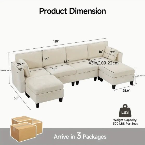 110" U-Shaped Modular Sectional Sofa, Convertible Sleeper Sofa Couch Bed with Adjustable Backrest, Chenille Couch with Storage & Charging Ports, Beige Large Sectional Couches for Living Room