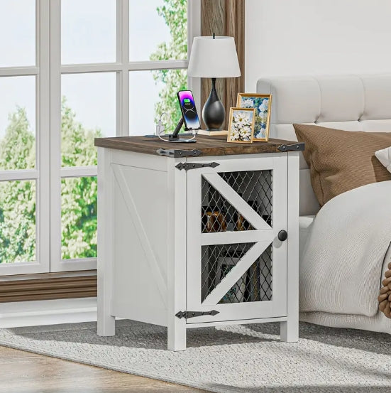 Chic 18" Farmhouse Side Table with Charging Port - Rustic Wire Mesh Barn Door Design, Nightstand with Adjustable Shelf for Bedroom & Living Room