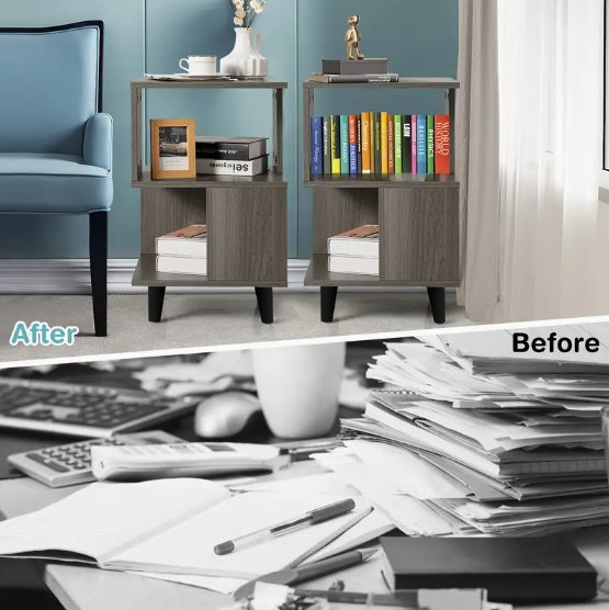 [Modern Grey Nightstand Set] 2pcs Modern Grey Nightstand Set - Side End Table with Storage Shelf