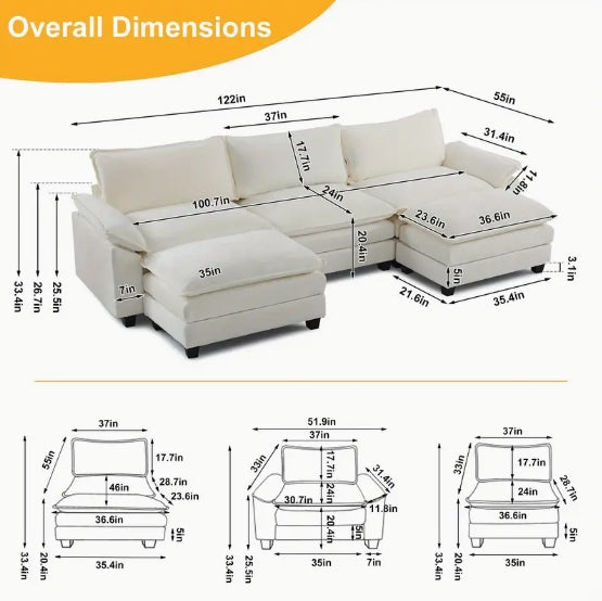[Comfy Convertible Sofa] Modern Comfy Cloud White/Cream Convertible Sectional Sofa, Extra Deep Seat L-Shape Couch with Movable Ottoman - Elegant White Plush Fabric Sofa for Home, Office, Apartment, Family Lounge Furniture