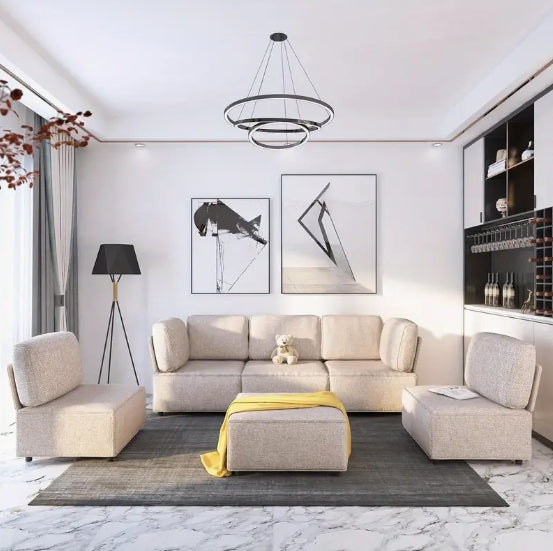 6 Seater Beige Linen Modular Sectional Sofa - Convertible Oversize L Shaped Couch with Reversible Ottoman, U Shaped Sleeper Sofa for Living Room