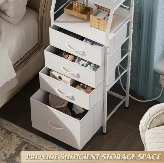 4 Drawer Dresser for Bedroom, Nightstand with Charging Station and LED Light, Indoor and Outdoor Storage, Tall Night Stand Bed Side Table