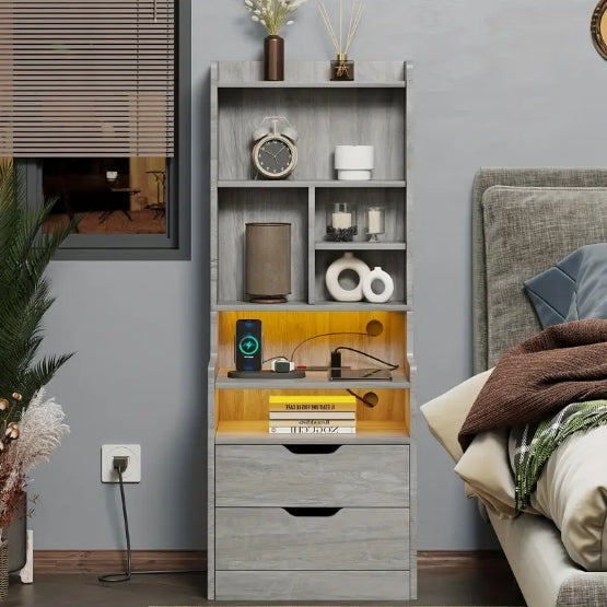 1pcs Gray Tall Nightstand with Charging Station, LED Lights, Drawers, Storage Shelves, and Bookshelf