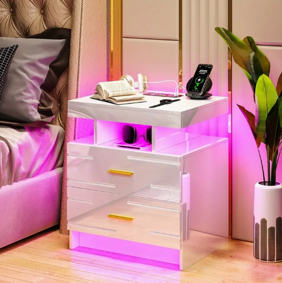 [Wireless Charging Night Stand] Smart Night Stand with Wireless Charging - 24 Colour Lights, 2 Drawers Bed Table