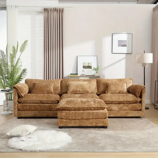 Modern Large Boucle Fabric L-Shape Sectional Chenille Fabric, Movable Pedals, Detachable Armrests, Oversized Three-Seat Sofa