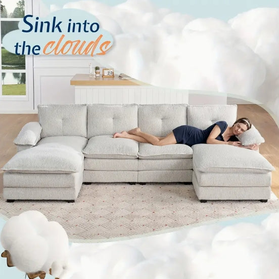 115 Inch Sectional Couch, Modular Sectional Sofa- Double Layer Seat Cushions, U Shaped Couch- Comfy Couches For Living Room, Beige Chenille