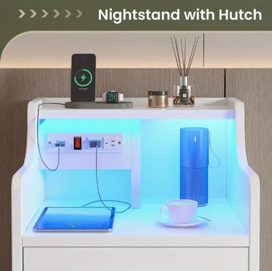 White Nightstand with Charging Station and LED Lights, Night Stand with Hutch, Bedside Table with Drawers, Modern End Side Table for Bedroom