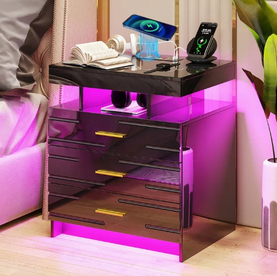 [Wireless Charging Nightstand] Modern 24 Color LED Nightstand - Auto Wireless Charging Station & USB Ports - 3 Drawers High-Gloss Bedside Table