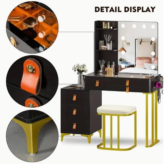 [Wireless Charging Vanity] Wireless Charging Gurexl Vanity Desk with Lighted Mirror, 3 Lighting Modes, 6 Drawers & Stool, Glass Top Makeup Vanity Table Set