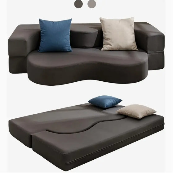 Queen Size Convertible Sofa Bed - Memory Foam Fold-Out Couch with Washable Leathaire Cover, Modern Dark Gray Design for Living Room & Guest Room