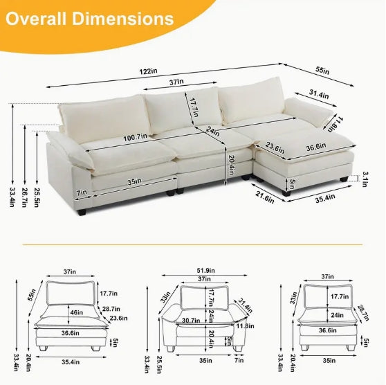 [Comfy Convertible Sofa] Modern Comfy Cloud White/Cream Convertible Sectional Sofa, Extra Deep Seat L-Shape Couch with Movable Ottoman - Elegant White Plush Fabric Sofa for Home, Office, Apartment, Family Lounge Furniture
