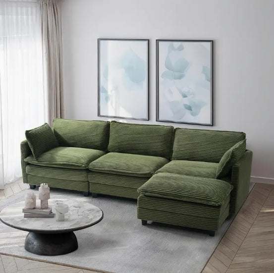 Oversized Modular Sectional Sofa Set - Cozy 3-Seater White Corduroy with Movable Ottoman, 2 Armrest Pillows, L-Shaped Design for Living Room or Bedroom - Easy DIY Assembly, Sectional Sofa for Living Room