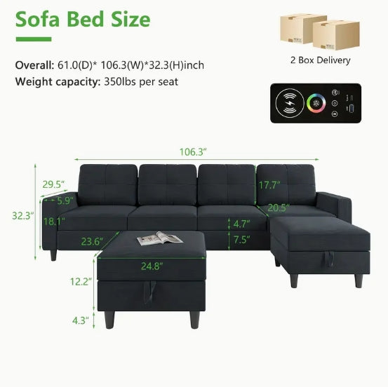 [Modular Sectional Sofa] 6 Seats Modular Sectional Sofa With Charging Station, LED Lights, U/L Shaped Couch, Storage Ottoman, Music Sync