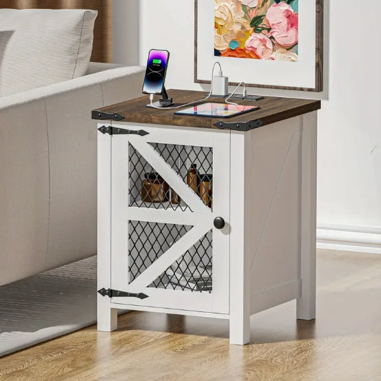 Chic 18" Farmhouse Side Table with Charging Port - Rustic Wire Mesh Barn Door Design, Nightstand with Adjustable Shelf for Bedroom & Living Room