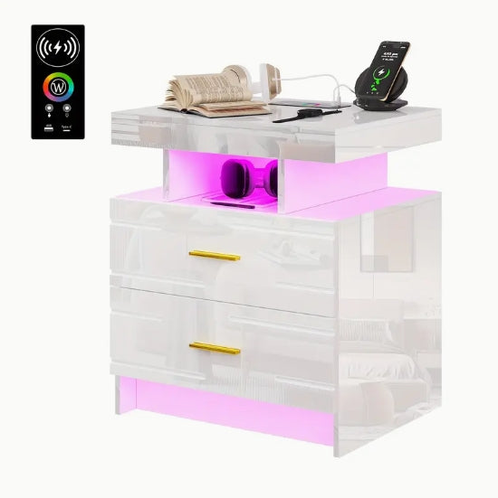 [Wireless Charging Night Stand] Smart Night Stand with Wireless Charging - 24 Colour Lights, 2 Drawers Bed Table