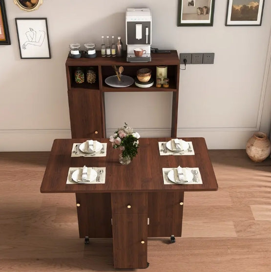 Modern Brown Folding Dining Table with Storage Sideboard & Charging Station – Wall-Mounted, Space-Saving Design with Wheels for Compact Kitchens