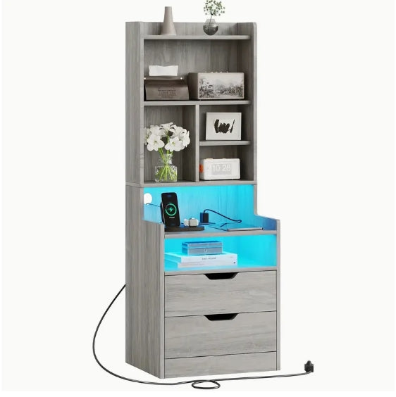 1pcs Gray Tall Nightstand with Charging Station, LED Lights, Drawers, Storage Shelves, and Bookshelf