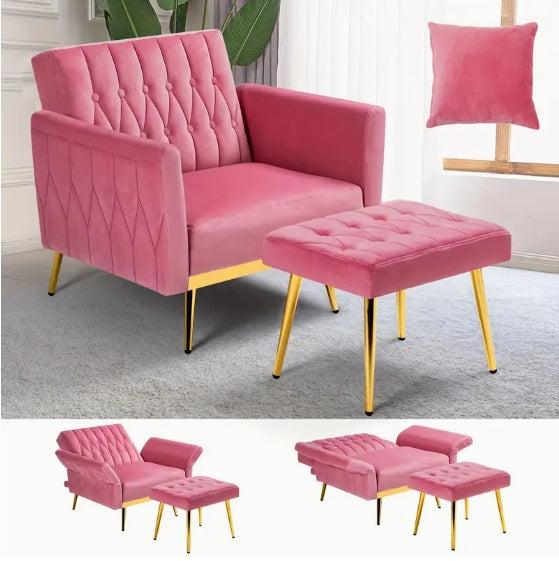 ACMEASE Velvet Accent Chair - Adjustable Armrests And Backrest, Button Tufted Lounge Chair With Ottoman And Pillow
