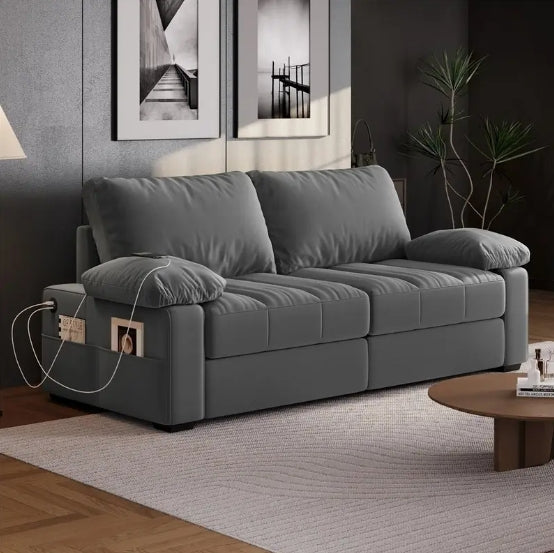79in Upholstered Sofa Velvet Couch Sofa Couch with USB Charging Ports, Storage Pockets for Living Room Apartment Game Room, Gray/Green/Blue