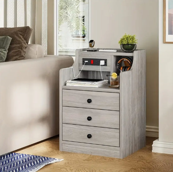 [Grey Nightstand with Charging] 2 USB Ports & 2 Outlets Grey Nightstand with Charging Station, Hutch and 3 Drawers - Bedroom End Table