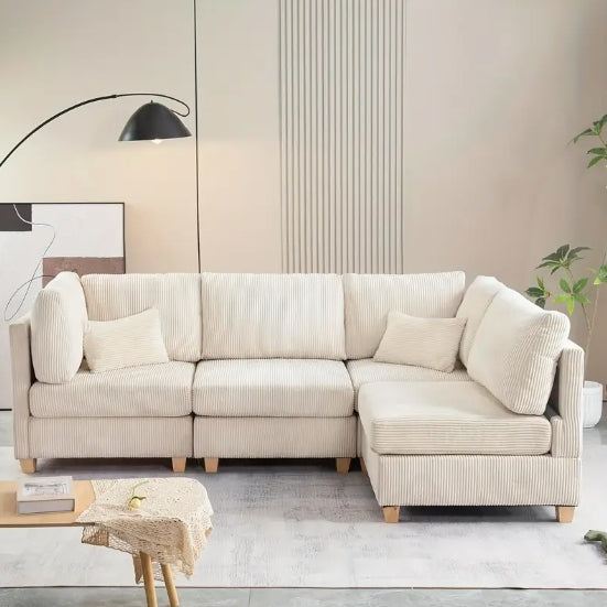 1pc Convertible Modular Sofa - DIY Corduroy Fabric L-shaped/U-shaped - Non-slip Sofa Legs, 2 Packages Ship, Beige/Dark Gray