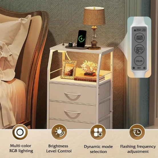 4 Drawer Dresser for Bedroom, Nightstand with Charging Station and LED Light, Indoor and Outdoor Storage, Tall Night Stand Bed Side Table