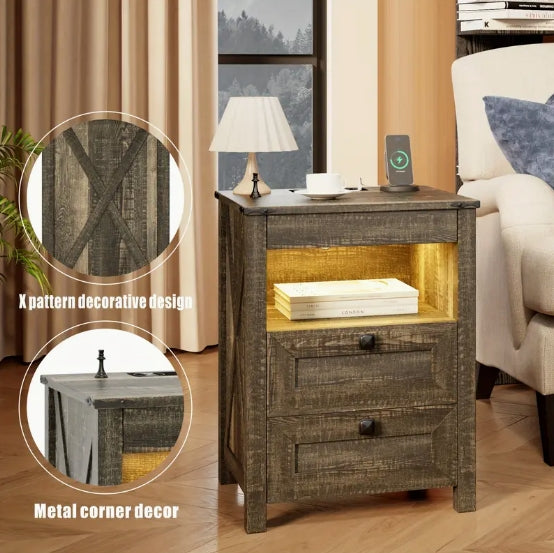 [Farmhouse LED Nightstand] 2-Drawer Farmhouse LED Nightstand - With Gun Drawer, Invisible Lock, Charging Station, Modern End Table for Bedroom Living Room Office - White/Dark Oak
