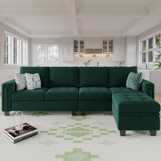 4-Seat Velvet Reversible L Shaped Sectional Sofa Couch - With Convertible Storage Ottoman