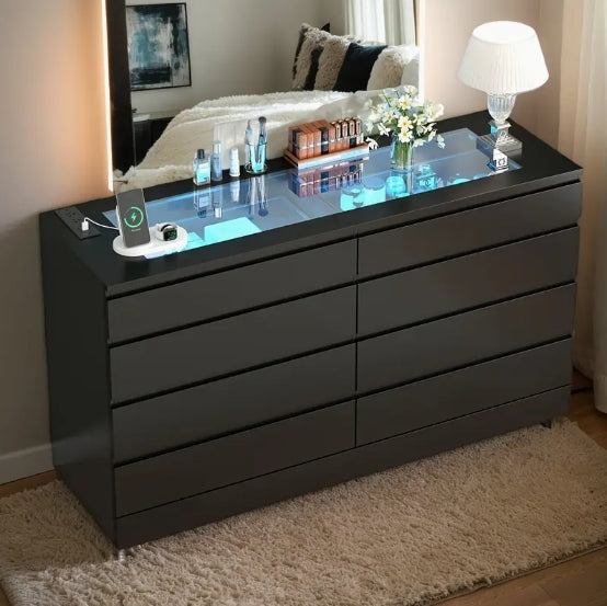 [Modern Dresser] Modern 8 Drawer White Dresser - Double Wide Drawers Organizer Cabinet with Glass Top & Power Outlet And LED Light