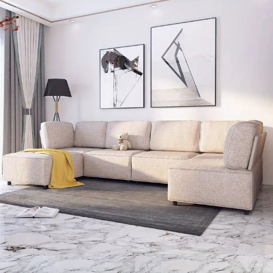 6 Seater Beige Linen Modular Sectional Sofa - Convertible Oversize L Shaped Couch with Reversible Ottoman, U Shaped Sleeper Sofa for Living Room