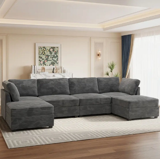 Oversized 130-Inch Plush Velvet Sectional Sofa With 2 Ottomans, Luxurious L-Shaped Couch For Living Room, Soft Long-Pile Fabric Upholstery, Spacious Seating For Family And Friends