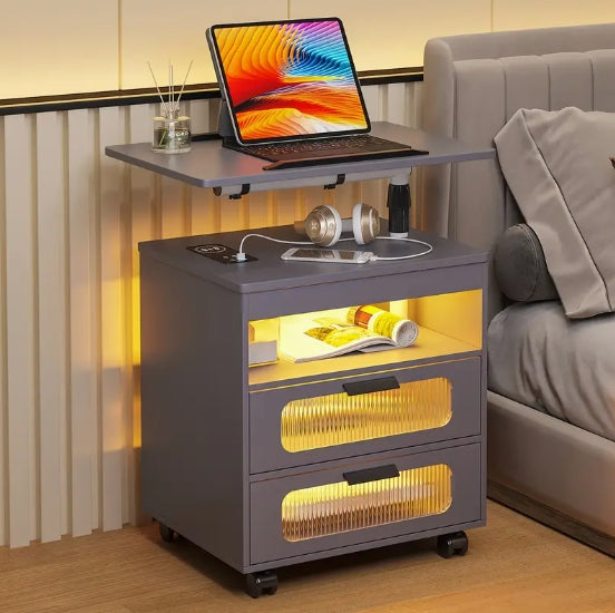Nightstand With Wireless Charging Station, LED Nightstand Has Adjustable Rotary Workstation, Smart Night Stand With 2 Drawers