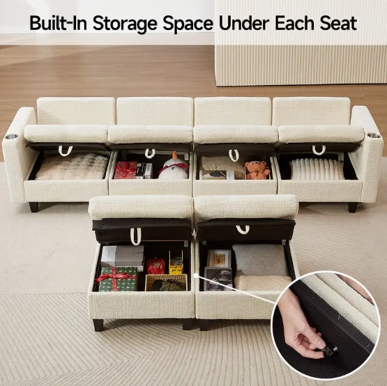 110" U-Shaped Modular Sectional Sofa, Convertible Sleeper Sofa Couch Bed with Adjustable Backrest, Chenille Couch with Storage & Charging Ports, Beige Large Sectional Couches for Living Room